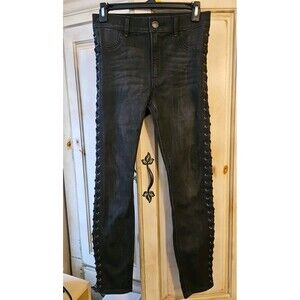 Express Jeans Womens 4 R Black Skinny Jean High Rise Legging Lace Up Beautiful!